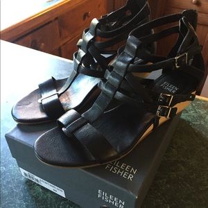 EILEEN FISHER Sz 9 🖤BLACK Leather Wedge NEW🖤